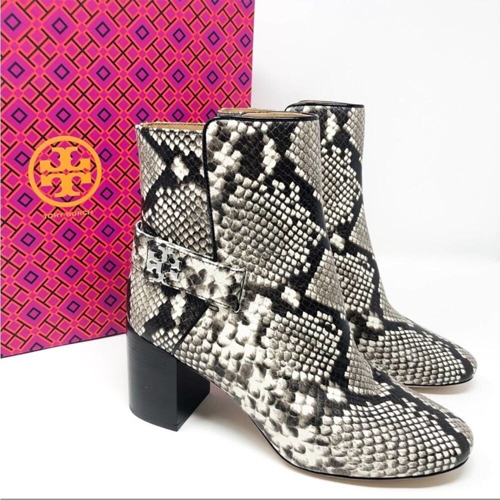 NEW Tory Burch Kira 70MM Bootie Stamped Snake Leather Grey Black in Warm Roccia